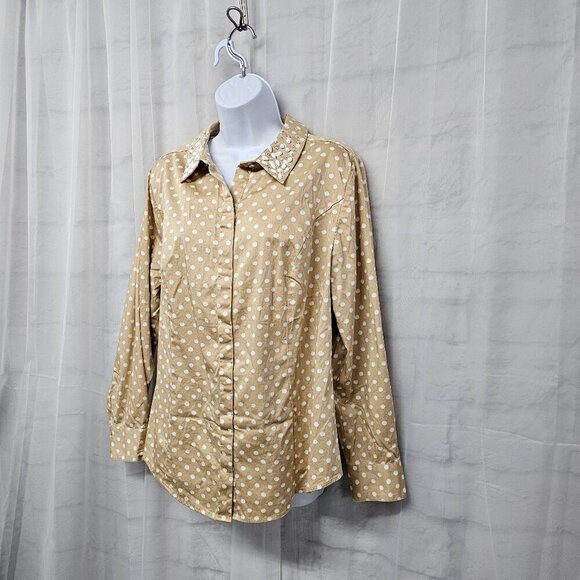Lane Bryant Tan White Polka Dot Blouse Beaded Button-Down 16 - Picture 7 of 12